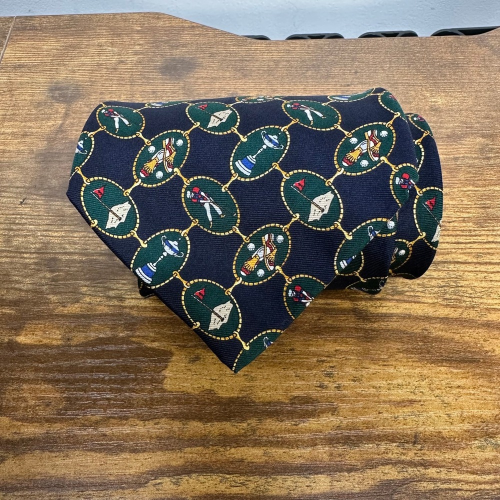 Tommy Hilfiger Mens Golf Novelty Silk Tie Navy Blue Green Italian Silk USA Made